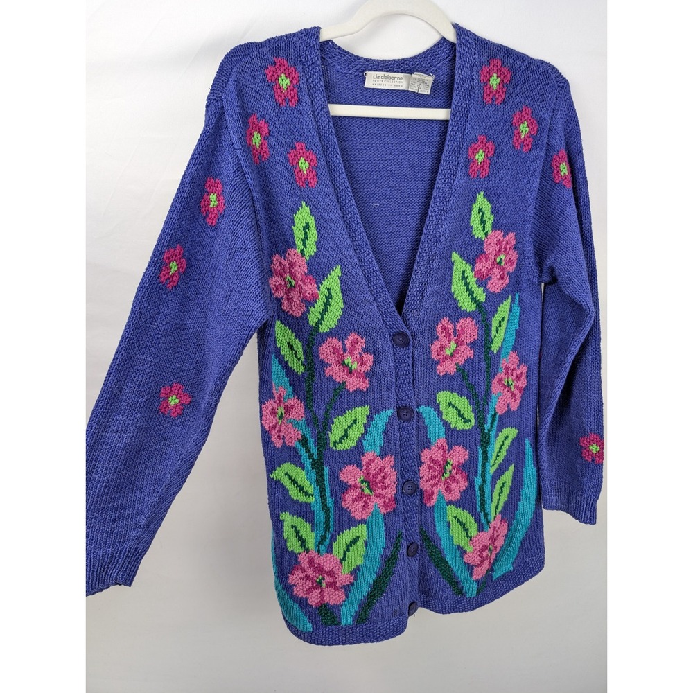 Vintage 90s Hand Knit Silk Floral Button Cardigan Size S Blue Cottagecore Fairy